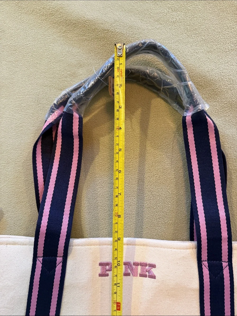 PINK Victoria's Secret Cream Canvas Tote with Pink & Black Straps